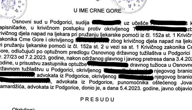 Prva presuda za krivično djelo – napad na ljekara pri pružanju ljekarske pomoći